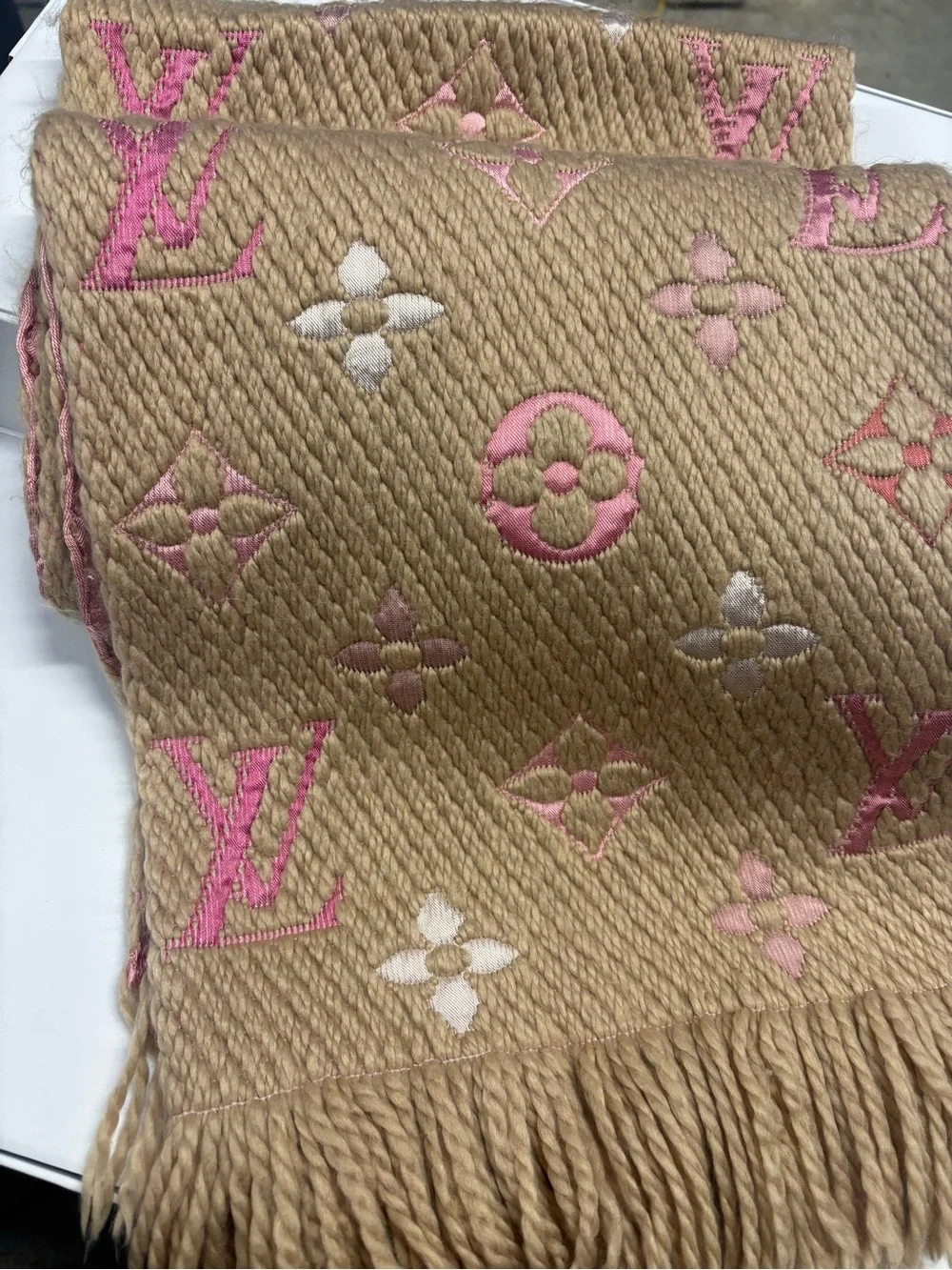 Louis Vuitton Tan Scarf with Pink & Cream Monogram